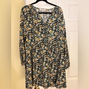 LOFT Blue and Yellow Floral Long Sleeve Dress - SIZE M